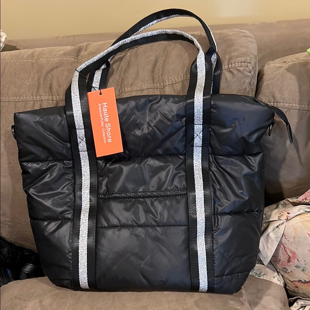 NWT HAUTE SHORE Black Puffer Tote with Silver/Black Straps. Comes with pouch.
